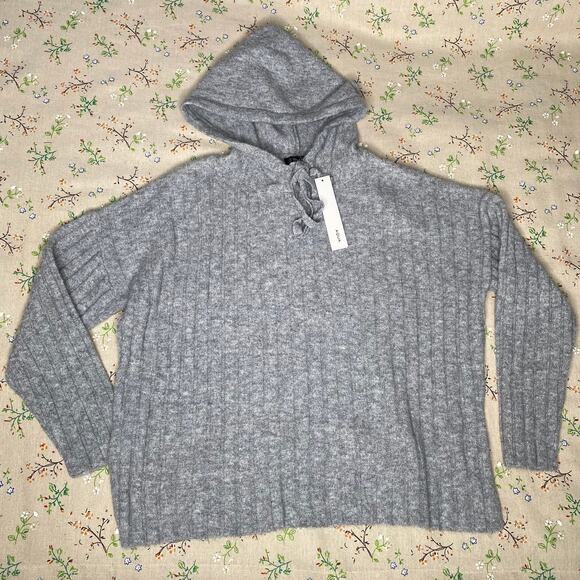 AQUA Knit Hooded Sweatshirt Ribbed Stretchy Heather Grey Medium Cozy Warm Lounge - Picture 2 of 8